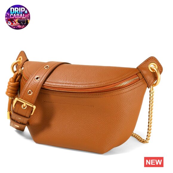 Genuine Leather Waist Pack Crossbody Bag with Adjustable Chain Straps